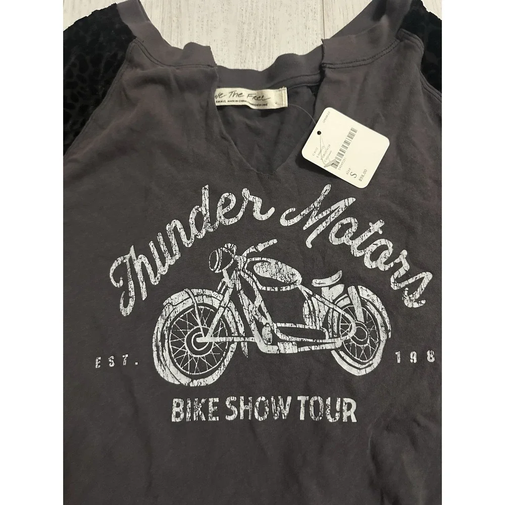 NWT Free People Top Velvet Leopard Sz‎ S Thunder Motors Motorcycle Gray $98